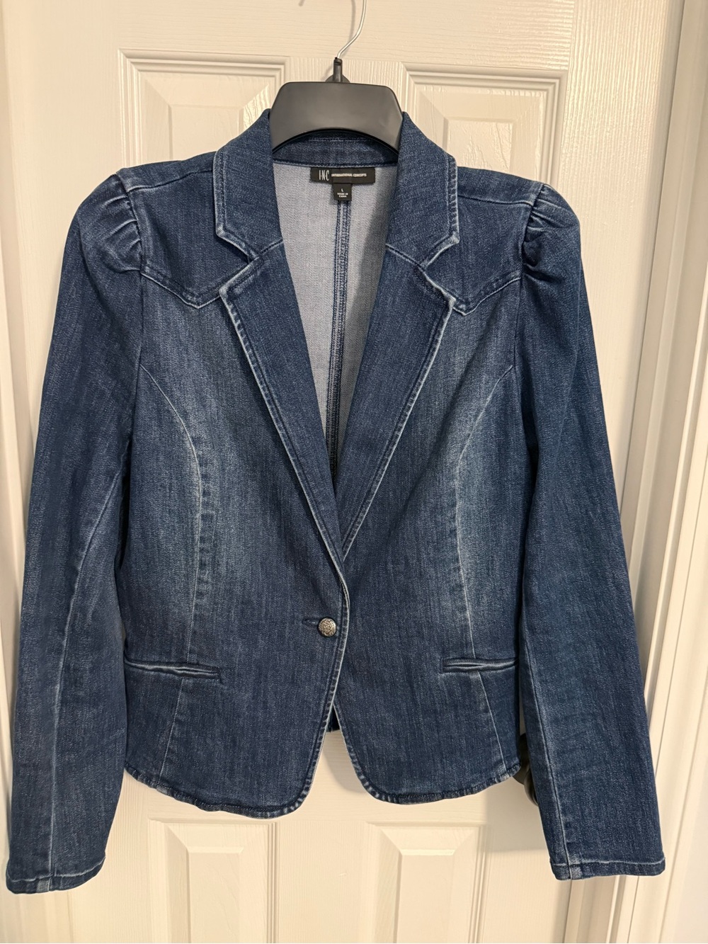 INC International Concepts Indigo Denim Blazer with Puff Shoulders